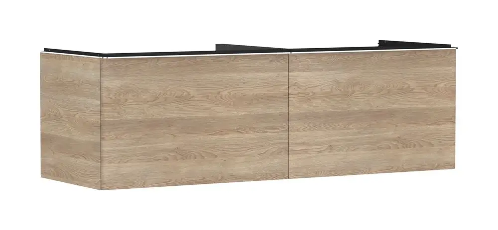 Waschtischunterschrank von Hansgrohe in Eiche-Optik mit zwei Schubkästen, geeignet für Konsolen und Aufsatzwaschtische, zeigt eine natürliche Holzstruktur.